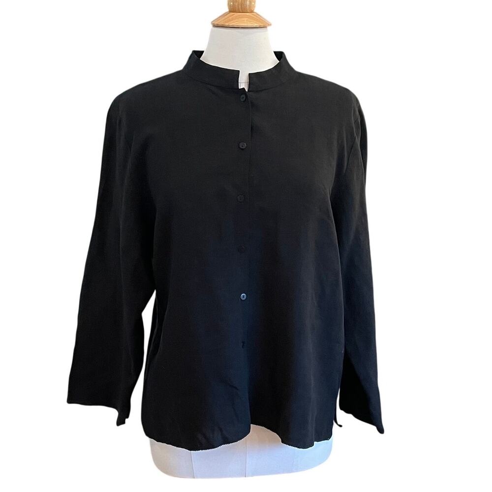 Eileen Fisher Black Linen Long Sleeve Button Down Shirt, Mandarin Collar Size XL